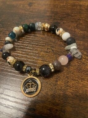 Multicolor Beaded Stretch Bracelet with Gold Crown Charm